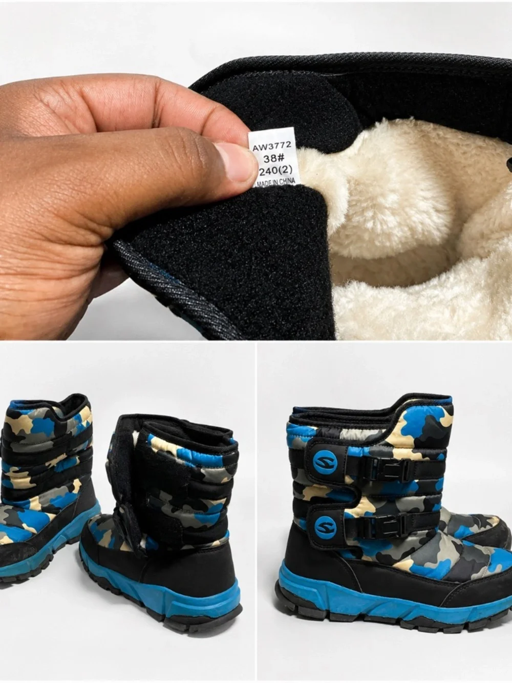Kids Winter Snow Boots Blue Camo Faux Fur Lined Size 38 (240) Waterproof Style
